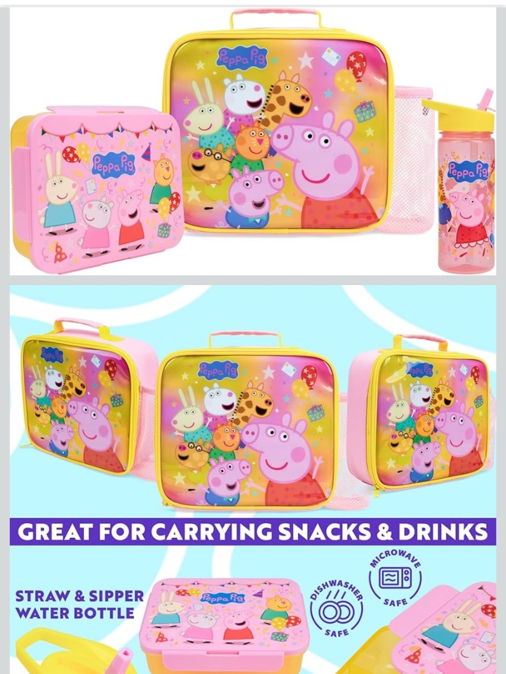 Peppa Pig Yellow & Pink Character Lunch Bag with Mesh Bottle Pocket 3 piece set
